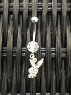 playboy bunny silver dangly crystal belly button navel ring with blue eye